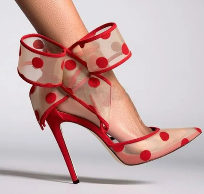 Ankle Strap Attachment - Polka Dot Bow Pumps Red Mesh
